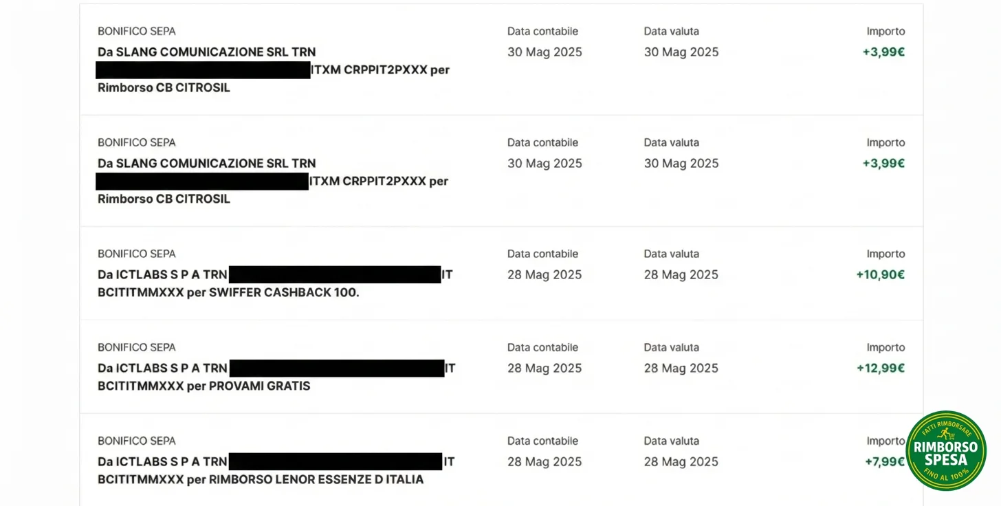 Screenshot rimborsi cashback reali ricevuti via bonifico SEPA - Citrosil, Swiffer, Provami Gratis, Lenor - totale 39 euro risparmiati
